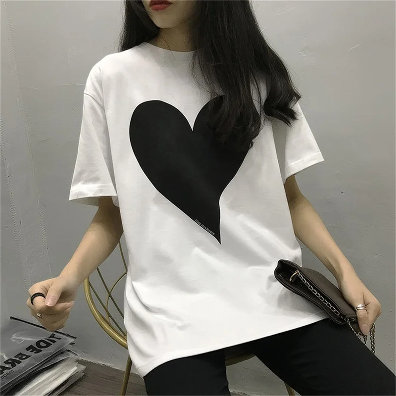 

New Causal Half-sleeved Loose Love T-shirt Hip-hop Fashion Women Top White Short-sleeved T-shirt Camiseta de Mujer de moda