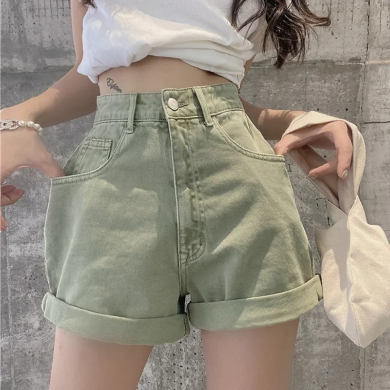 Summer Women Casual Loose Vintage Wide Leg Short Jeans 2022 Female New High Waist Harajuku Green Blue Denim Shorts College Style