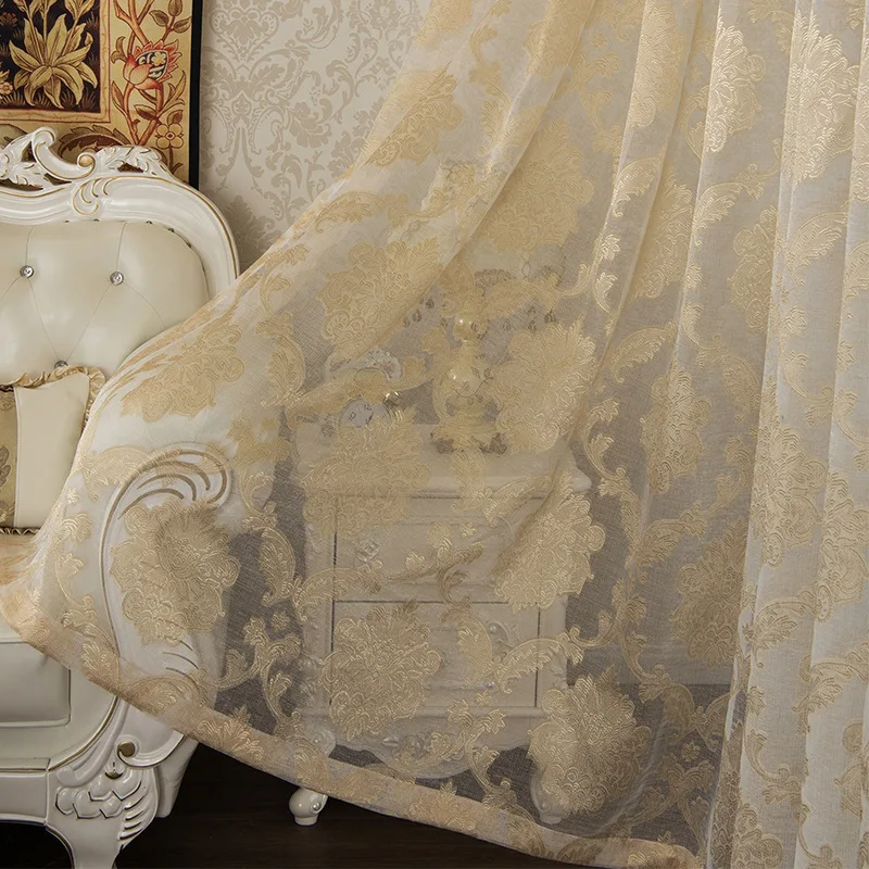 

Luxury Curtains for Living Room Bedroom Windows White Sheer European Jacquard Tulle Screen Treatment Beige 02