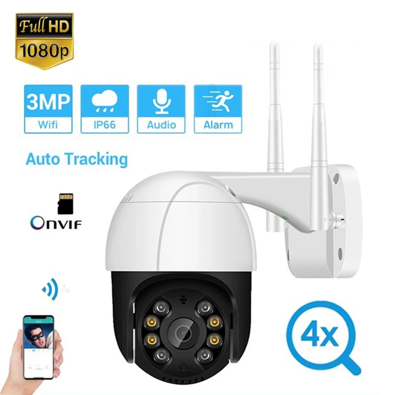 

Камера Наружного видеонаблюдения, 3 Мп, PTZ, Wi-Fi, HD 1080P, 4-кратный зум