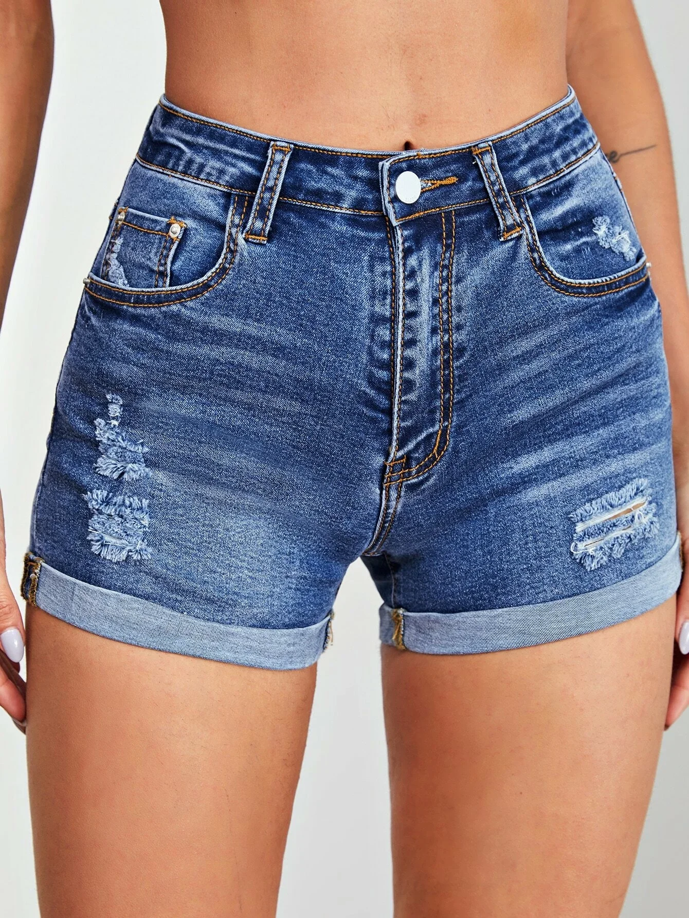 

Distressed Rolled Denim Shorts