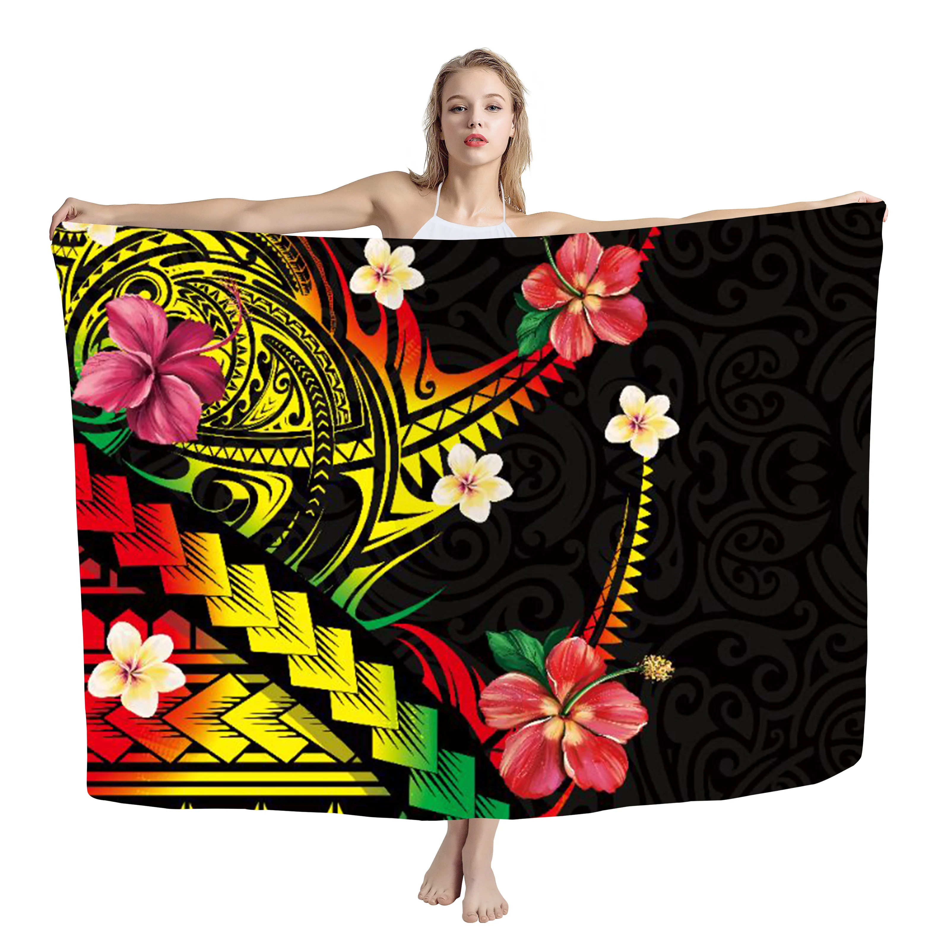 Low Price Custom Sarong Polynesian Tribal Plumeria Hibiscus Vintage Tattoo Stripe Print Sarong Elegant Women Swimsuit Cover Ups