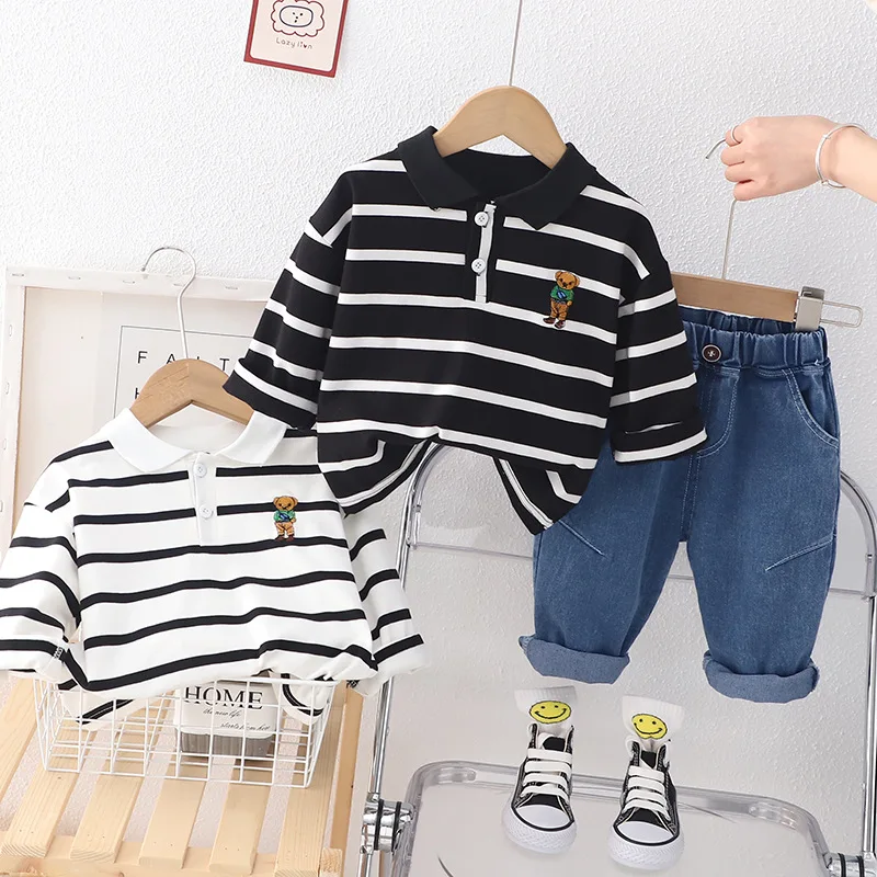 

Larua Kors New 2023 Korean Clothing Set Spring Long Sleeve Turn-down Collar Striped Bear Black 2 Pcs Sets Boys Clothes 12M-5T