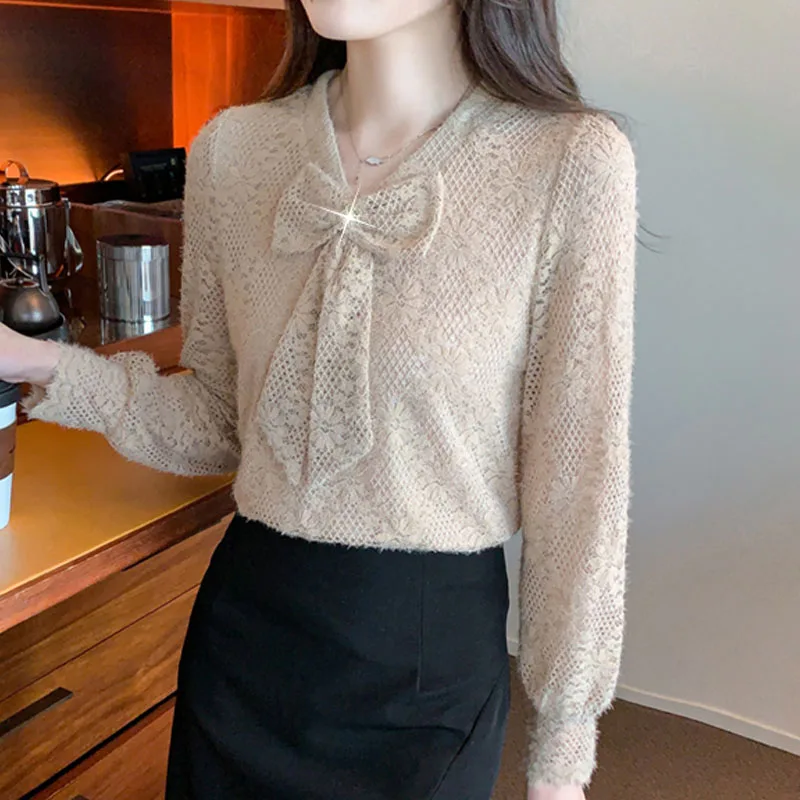 Модная кружевная женская блузка с v-образным вырезом и бантом длинным рукавом