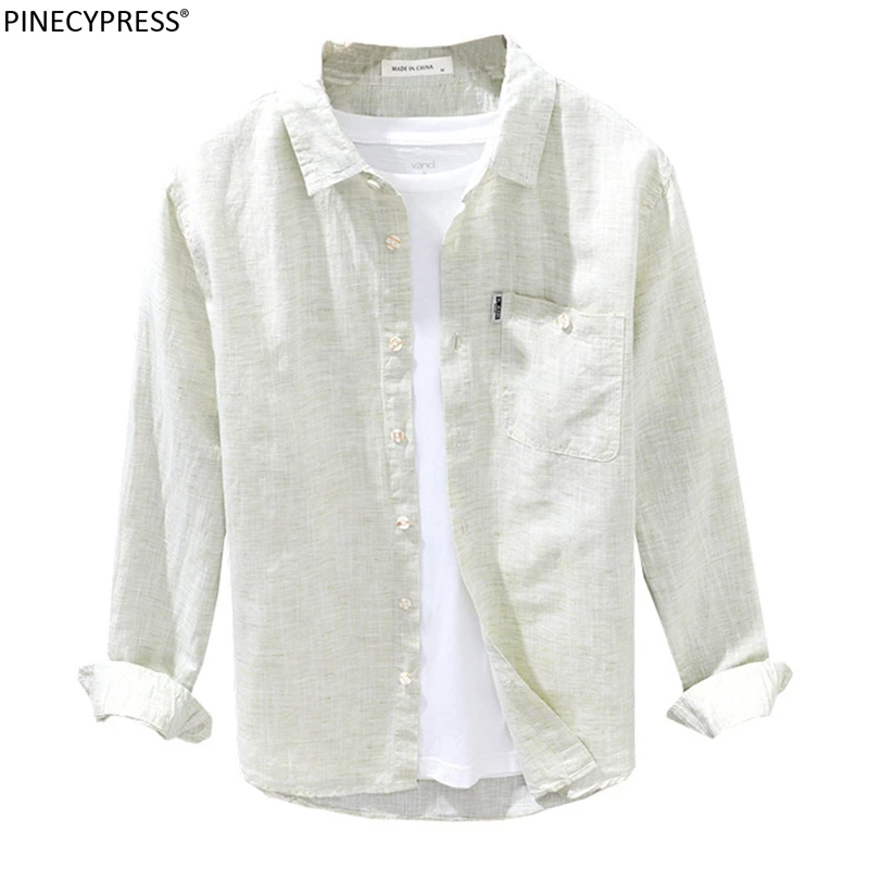 

55% Linen 45% Cotton Breathable Soft Solid Hemp Flax Clothing Male Quality Casual Beach Light Green Men Long Sleeve Shirt