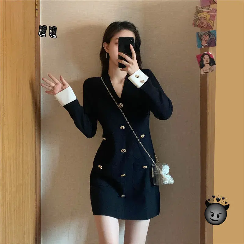 

Women Knitted Sheath Dresses 2022 New Autumn Office Bodycon Kniting Dress Casual Elastic Sexy V Neck Button Retro Sweater Dress