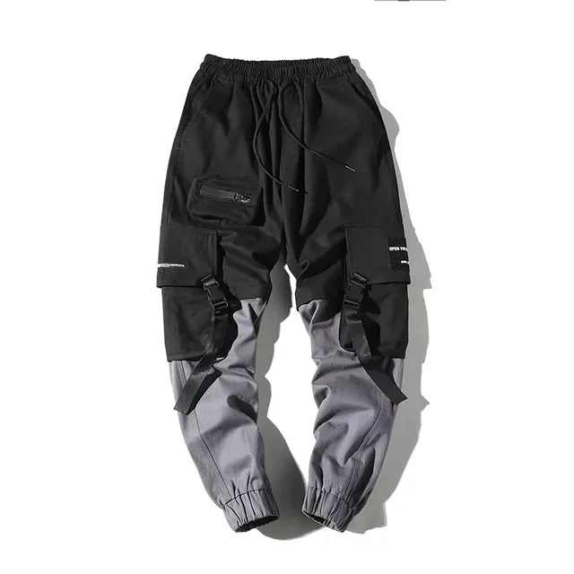 

2022 Streetwear Hip Hop Ribbons Joggers Pants Men Japanese Style Black Casual Track Pants Fashions Pachwork Cargo Pants