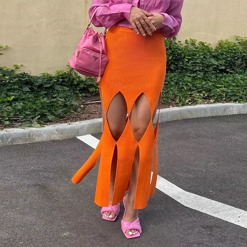 

Woman elastic Waist Rib Midi Skirt Solid Color Hollow out tassel Bodycon Casual Skirt S-L 2Color K22J18089