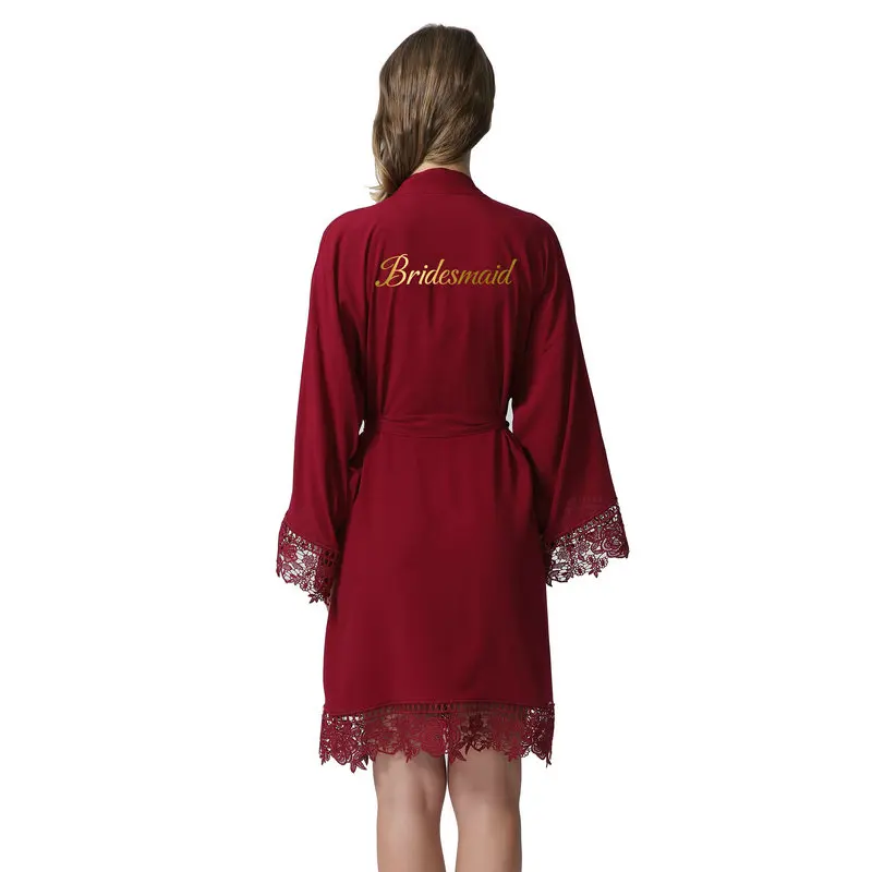YUXINBRIDAL 2019 New Burgundy Solid Cotton Kimono Robes with Lace  Women Wedding Bridal Robe Bathrobe Sleepwear White Gold Print