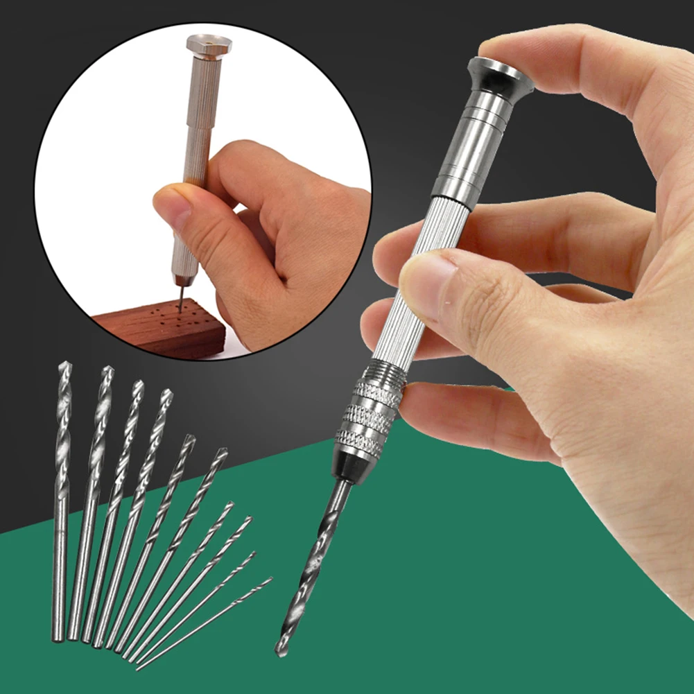 

Practical High Quality Mini Micro Aluminum Hand Drill with Keyless Chuck +10Pcs Twist Drill Bit Woodworking Drilling Rotary Tool