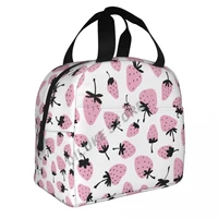 pink strawberries and black tails insulated lunch bags print food case cooler warm bento box for kids lunch box for school