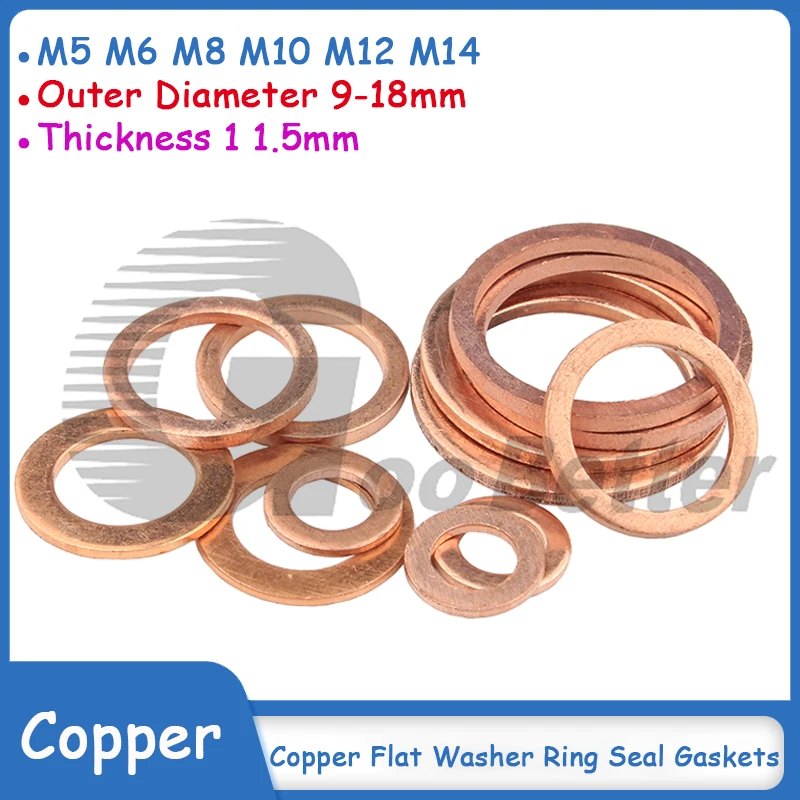 

M5 M6 M8 M10 M12 M14 Copper Flat Washer Ring Gaskets Ring Seal Plain Spacer Washers Fastener Thickness 1 1.5mm