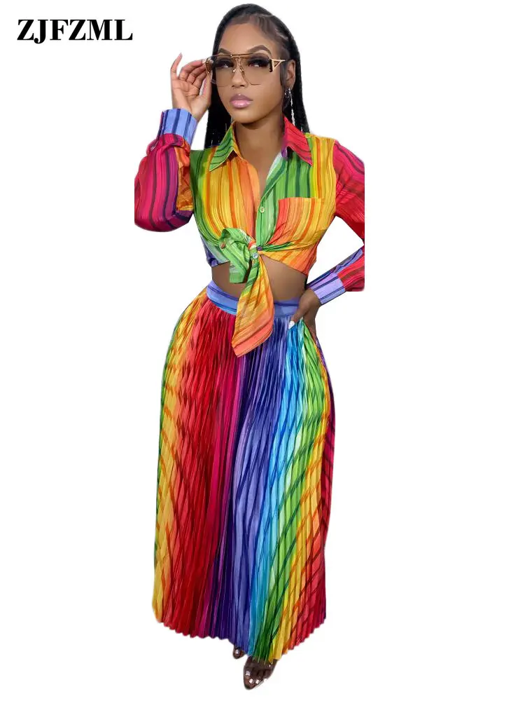 

Женский костюм с юбкой в радужную полоску, комплект из 2 предметов, рубашка с отложным воротником и длинным рукавом и плиссированная юбка Макси до пола