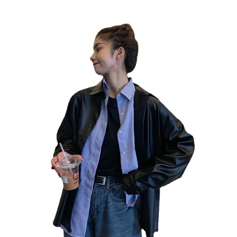 Harajuku Loose Design Pu Leather Coat Women's Lapel Medium Long Sleeved Leather Coat  Office Lady Cool Girl Blouse Jacket