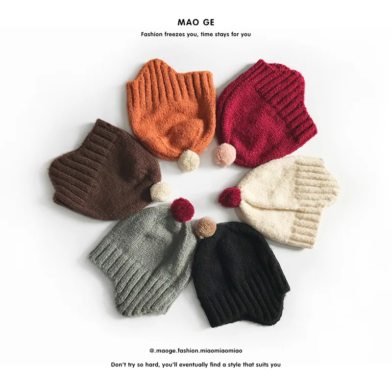

Children's Woolen Hat Autumn Winter Baby Girls Baby Boys Ear Protection Pompom Cap 0-4yeasr Warm Knitted Hat