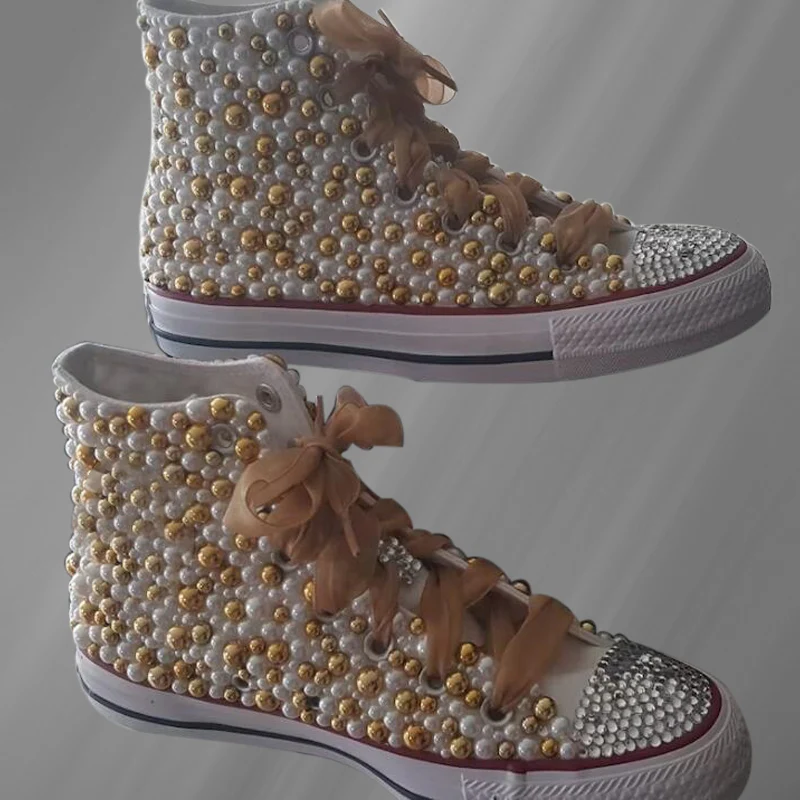 

Белые туфли ручной работы с высоким верхом и искусственным жемчугом, аксессуары для кружева, холщовые туфли, интегрированная Спортивная повседневная обувь унисекс 35-46