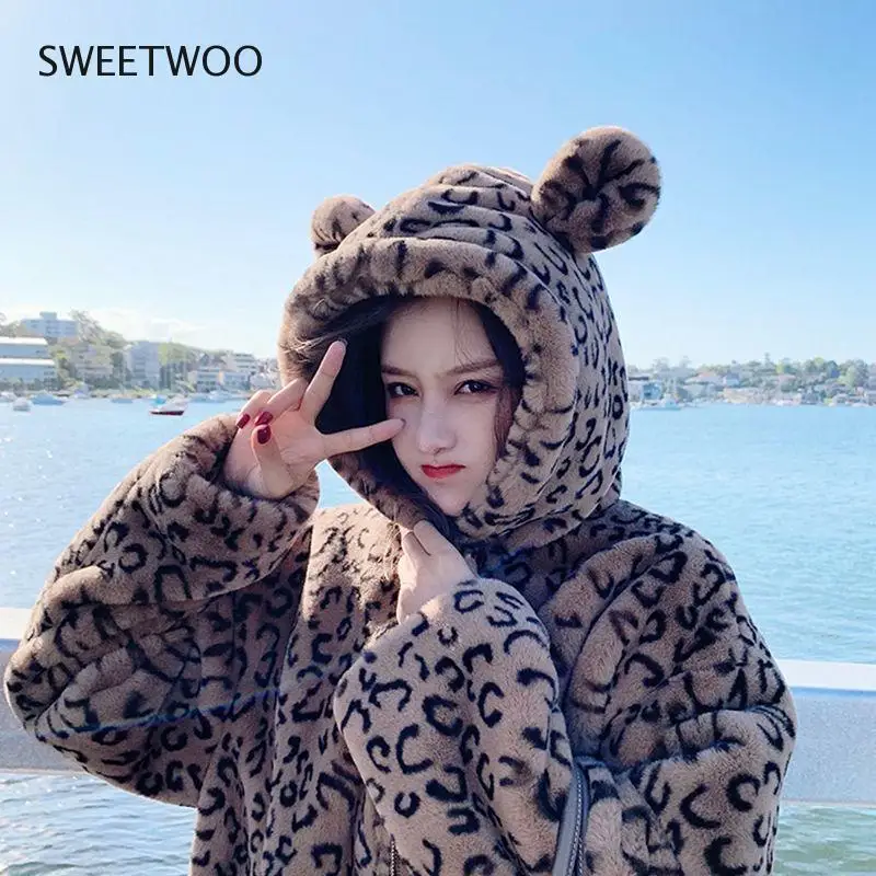 Winter Leopard Print Jacket Women's Stand Collar Warm Parkas Outwear 2021 New Autumn Winter Korean Female Loose Faux Fur Coats