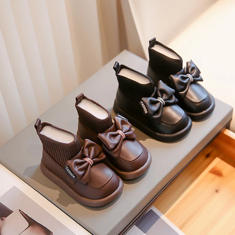 

2023 Autumn Winter New Girls Snow Boots Fashion Big Bow Kids Princess Shoes Girls Leather Boots