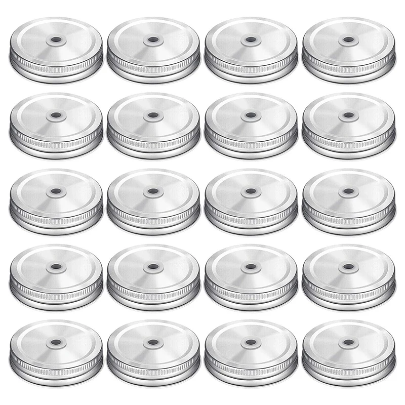 

HOT SALE 20 Pieces Metal Regular Mouth Mason Jar Lids With Straw Hole Compatible With Mason Jar (Silver, 2.7 Inch)