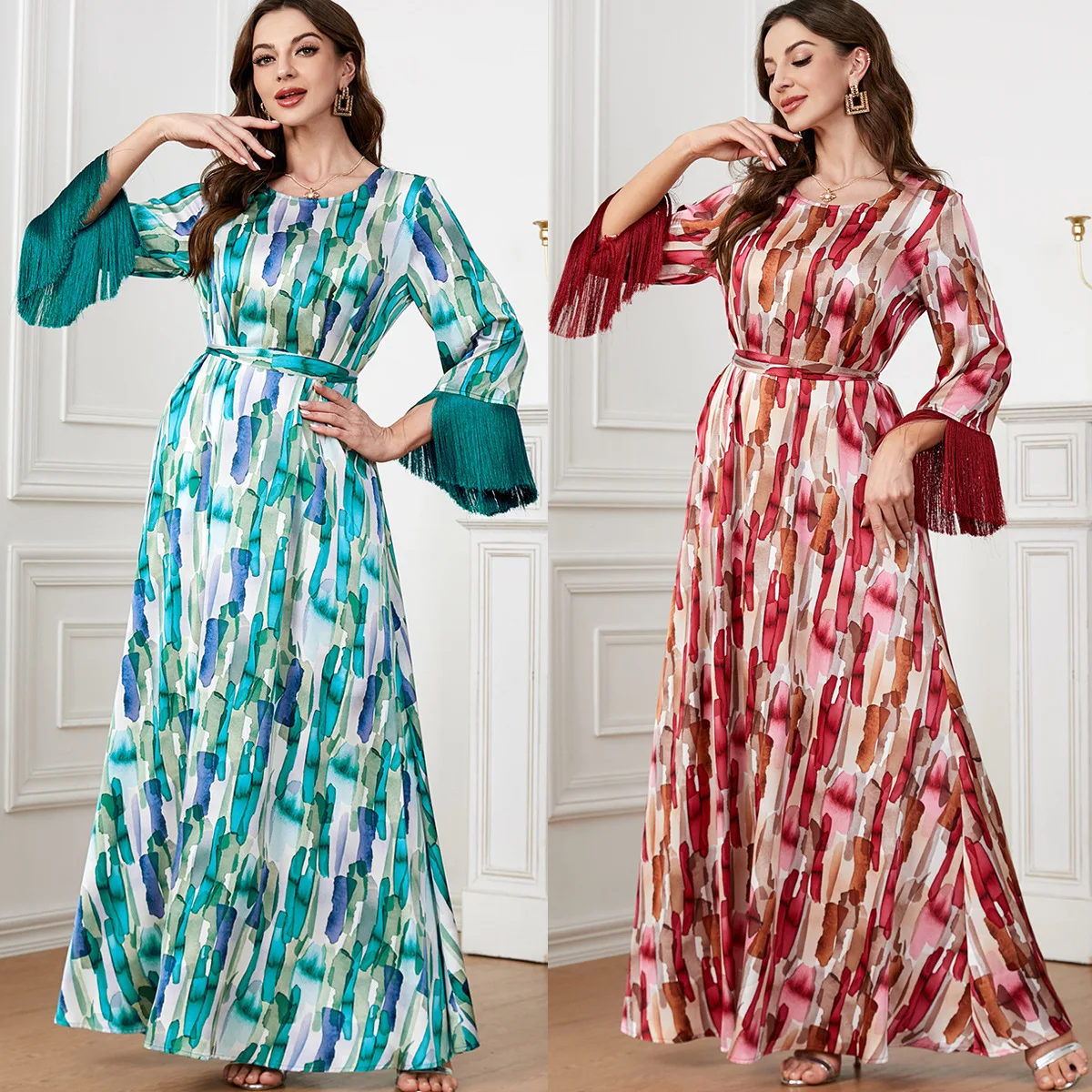 

Elegant Print Muslim Dress for Women Eid Arab Dubai Abaya Islamic Turkey Dresses Party Jalabiya Abayas Moroccan Kaftan Robe