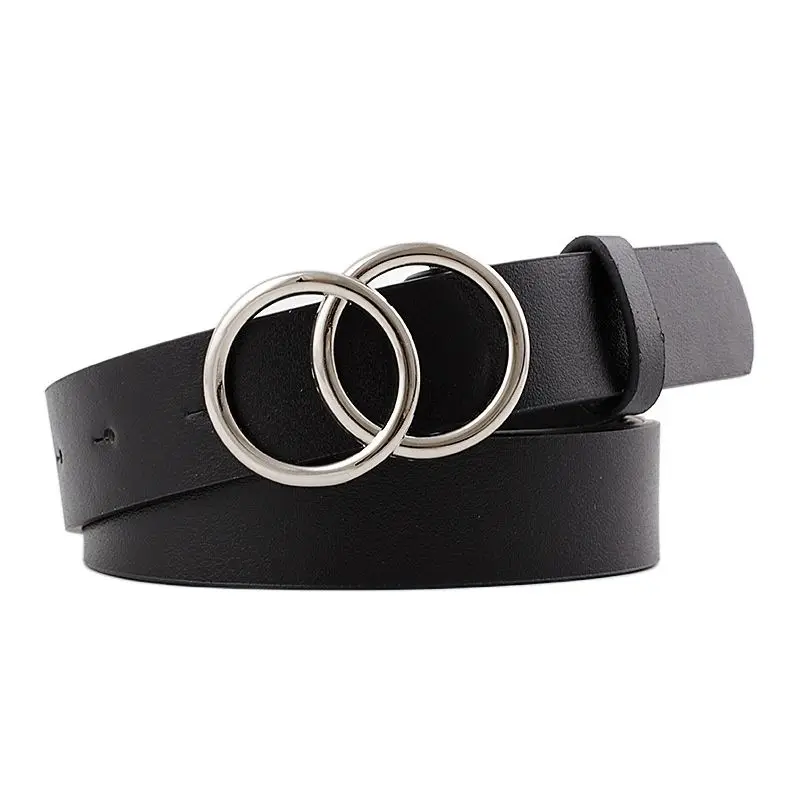Women Leather Belt Gold/Sliver Fashion Double O-Ring Soft Faux Leather Waist Belts For Decorative Jeans Dress