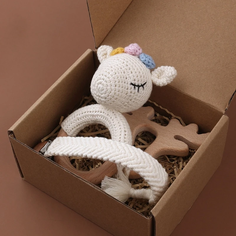 

1 Set Baby Newborn Knitted Cotton Deer Wooden Ring Teether+Pacifier Clip Chain Holder DIY Crochet Rattle Bracelet Soother
