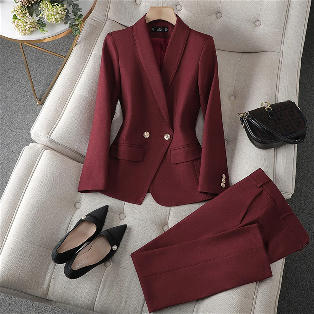Elegant Women Blazer Pant Sets Red Orange Black Green Jacket Trouser 2 Piece Set Formal Office Lady Work Wear Business Suits