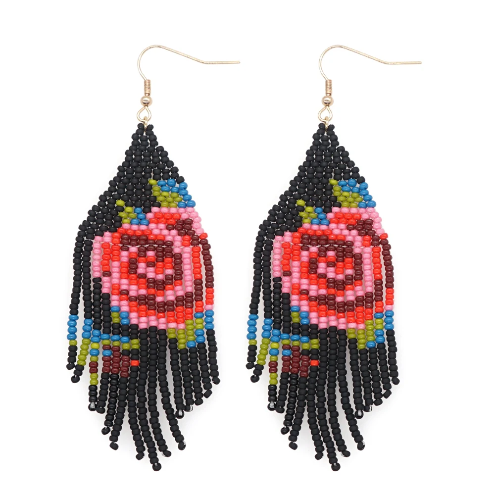 Go2Boho New Arrival Black Classic Rose Hook Earrings Jewelry Woven Miyuki Beads With Tassel Bohemia Earrings For Women