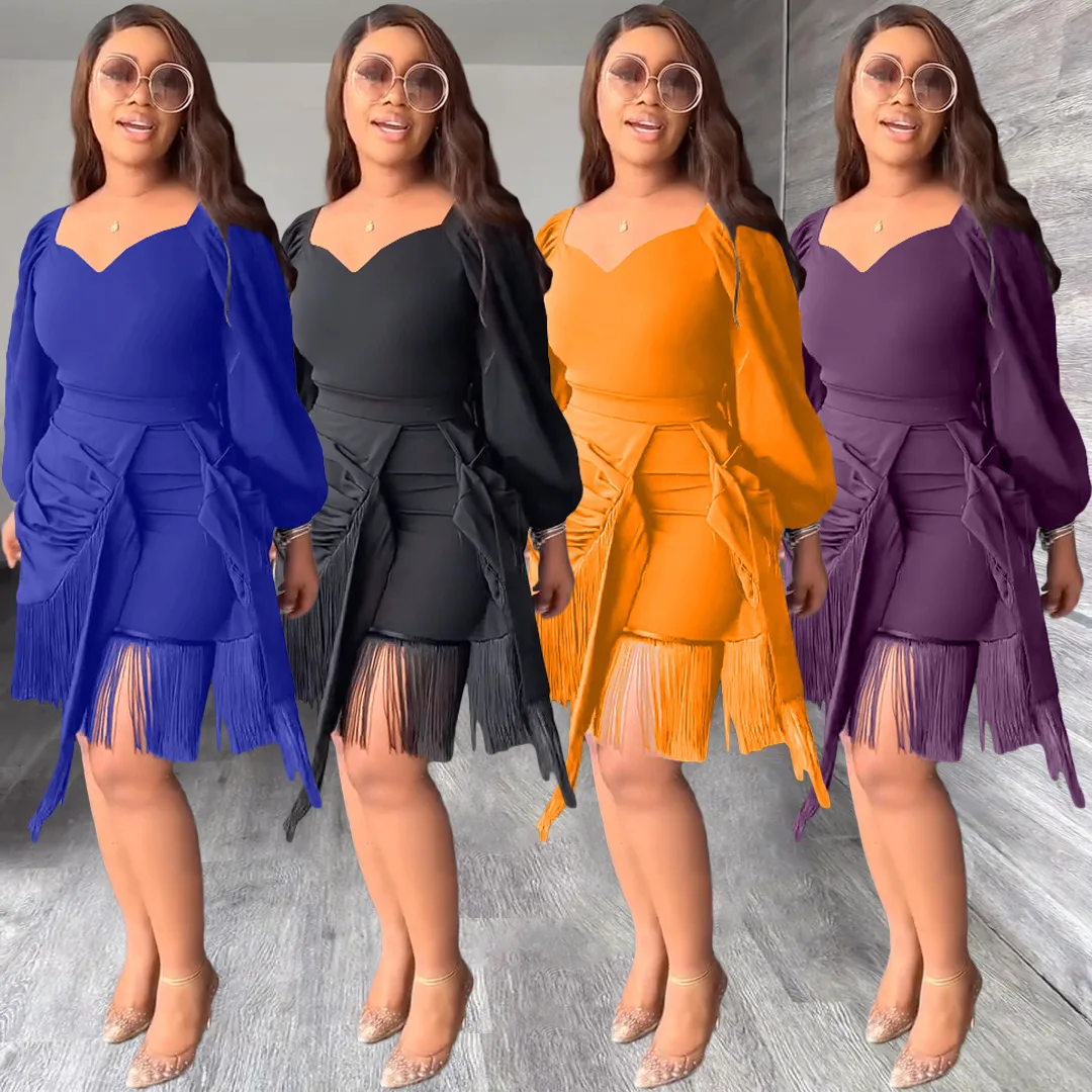 

Elegant Evening Party Club Mini Dress Women Sexy V Neck Lantern Long Sleeve Straps Bodycon Dress Chiffon Tassel Bandage Dresses