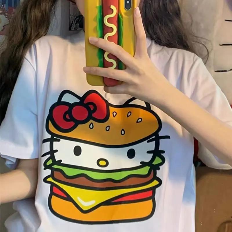 

Sanrios Kawaii Anime Hello Kitty Cartoon Women Cotton Burger Loose Round Neck Versatile Short Sleeve T-Shirt Student Top Gift