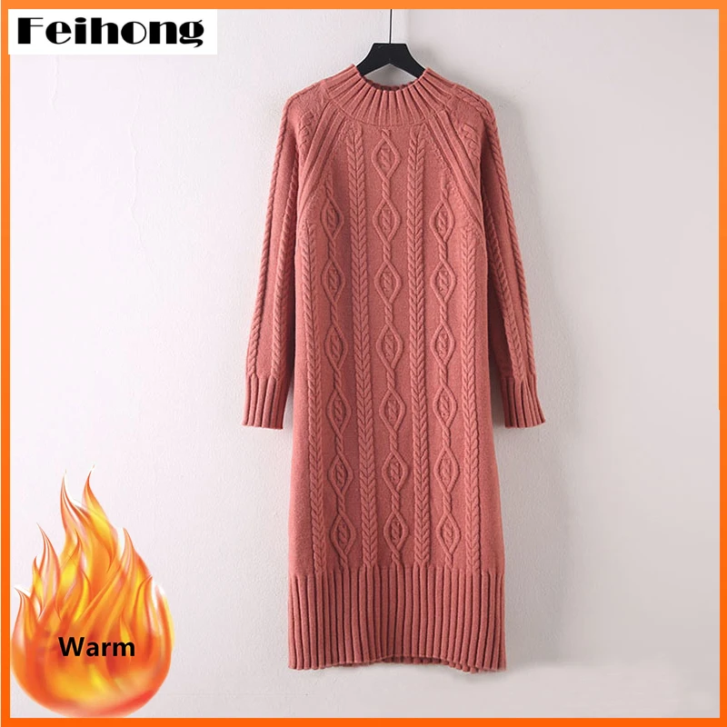 

Women's Thicken Plus Velvet Sweater Dress Fall Mock Neck Rib Knit Bottoming Dresses Elegant Warm Midi with Coats Winter