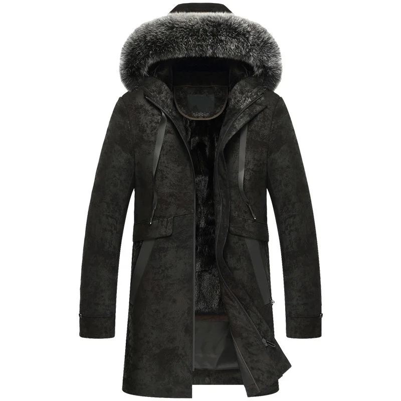 

AYUSNUE Genuine Leather Jacket Men Winter Real Liner Fox Fur Collar Sheepskin Coat Mens Mink Jackets -6-7-7-8- KJ3104