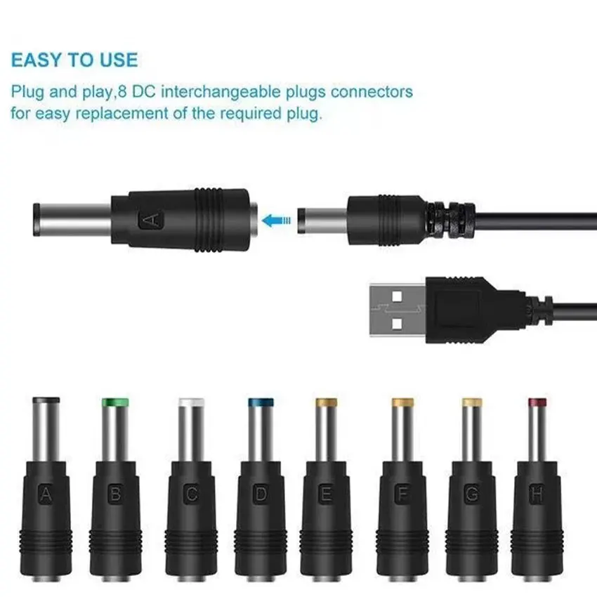 Фото Универсальный кабель питания, 1 шт., USB-разъем постоянного тока 5,5*2,1 мм, разъем 5 В, зарядный шнур с насадками для выбора разъемов 3/8 №5