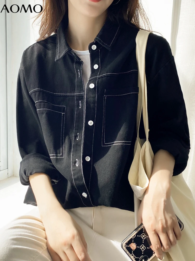 

AOMO Women Black Denim Jacket Coat Turn Pocket Ladies Long Sleeve Loose Oversize Boy Friend Coat 3S02A