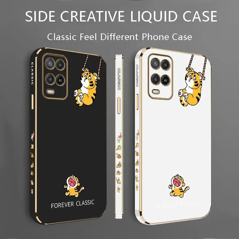 Naughty Little Tiger Luxury Plating Phone Case For Oppo A15 A15S A16 A16K A76 A77 A78 A53 A54 A55 A92 A94 A95 A83 F19 Cover