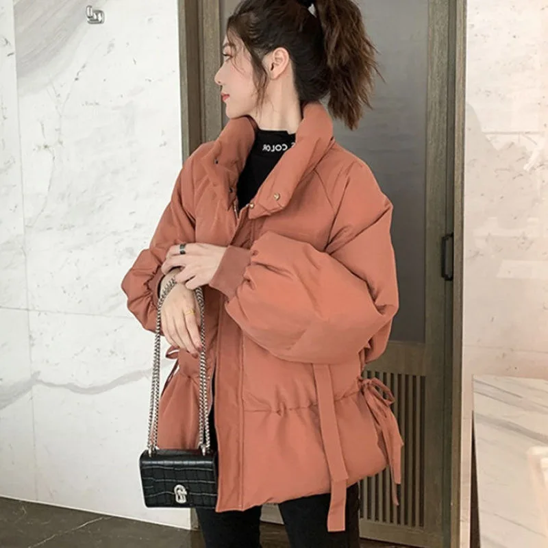 Women Short Korean Style Loose Winter Coats Cotton-Padded Thickening Jackets Down Quilted Velvet Waisted Overcoat Outwear Female