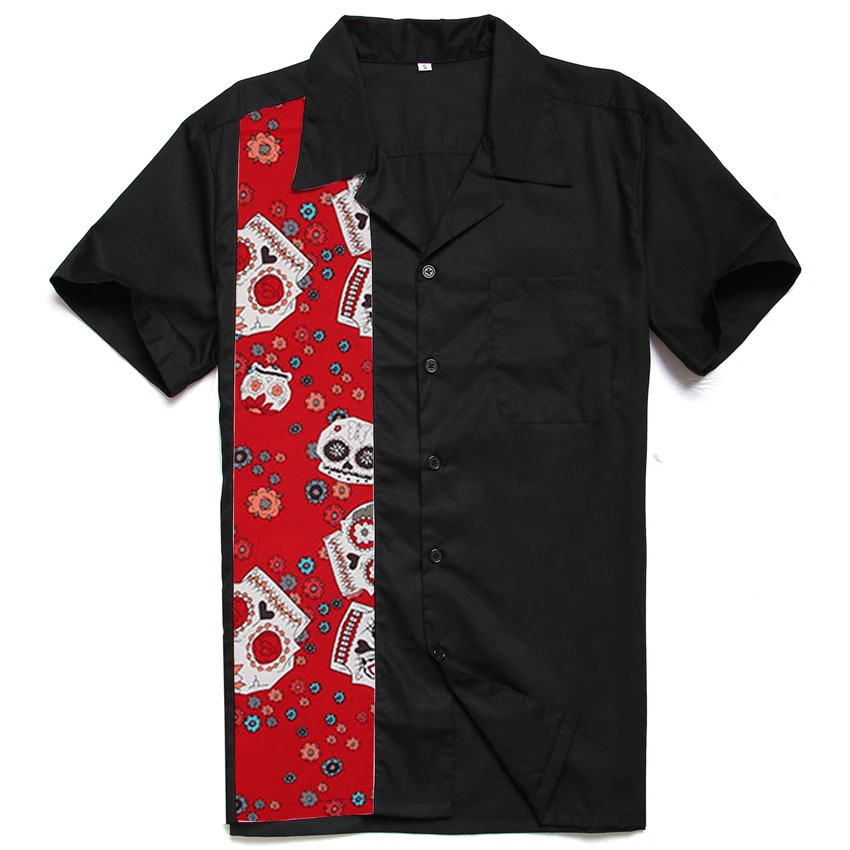 

Male Fashion Camisa Social Masculina Red Skulls Printing Panel Rock N Roll Casual short sleeve Elvis Men Shirts