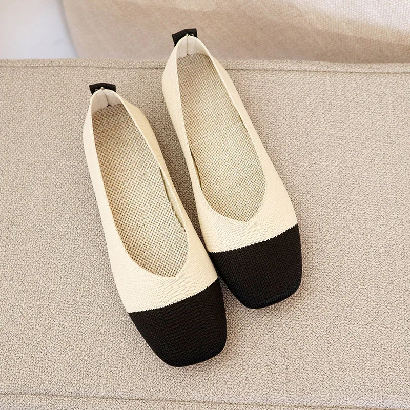 

Summer New Knitted Square Toe Pedal Peas Comfortable Flats Shallow Soft Pumps Glove Cozy Mixed Colors Single Shoes of Women