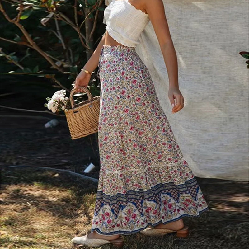

TEELYNN Elastic Waist Maxi Skirt Women Loose Casual Vintage Beige Floral Print Cotton Summer Skirts 2022 Beach Boho Long Falda