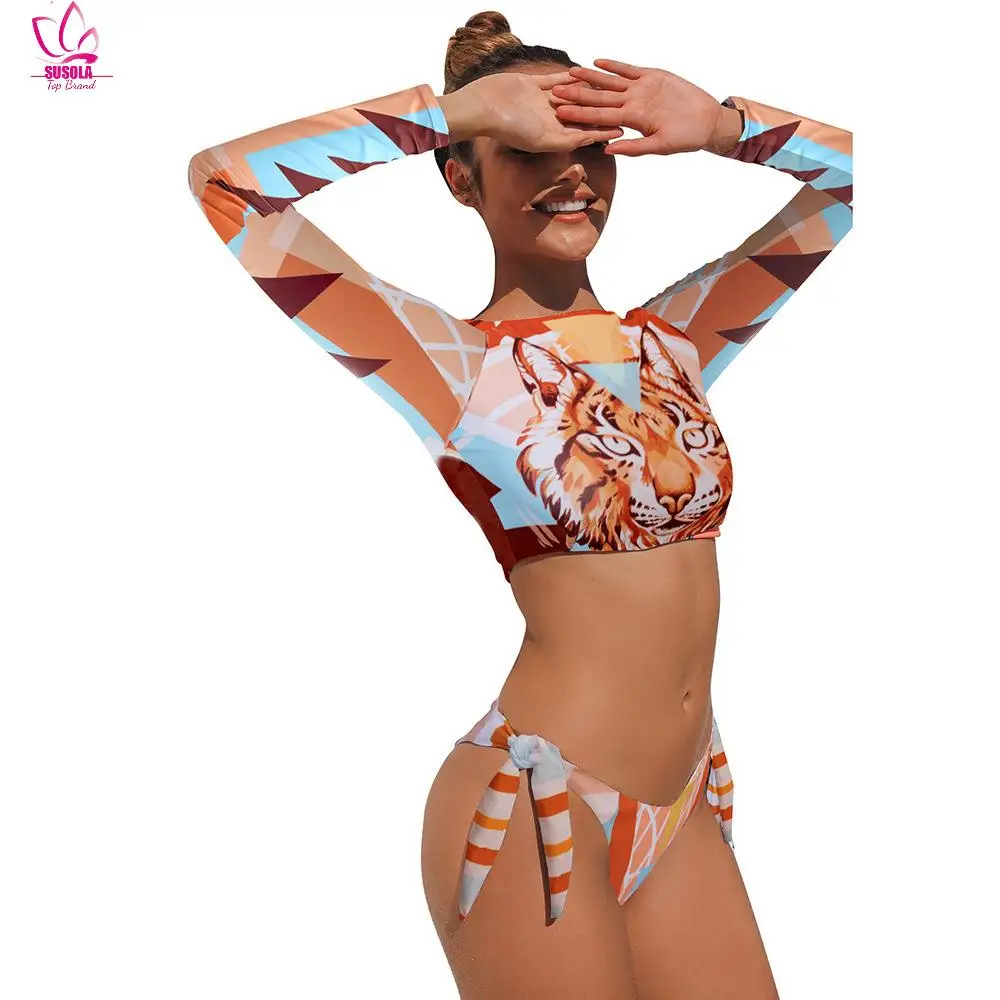 

Surfing Swimsuit For Women 2022 Bikini Long Sleeve Swimwear Tiger Print Push Up Summer Bath Suit Two Piece Bandeau Biquini