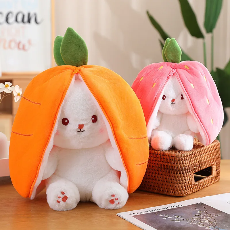 

18cm Kawaii Fruit Transfigured Easter Bunny Plush Toy Cute Carrot Strawberry Bag Turn Into Rabbit Plush Toy Kids Birthday Gift