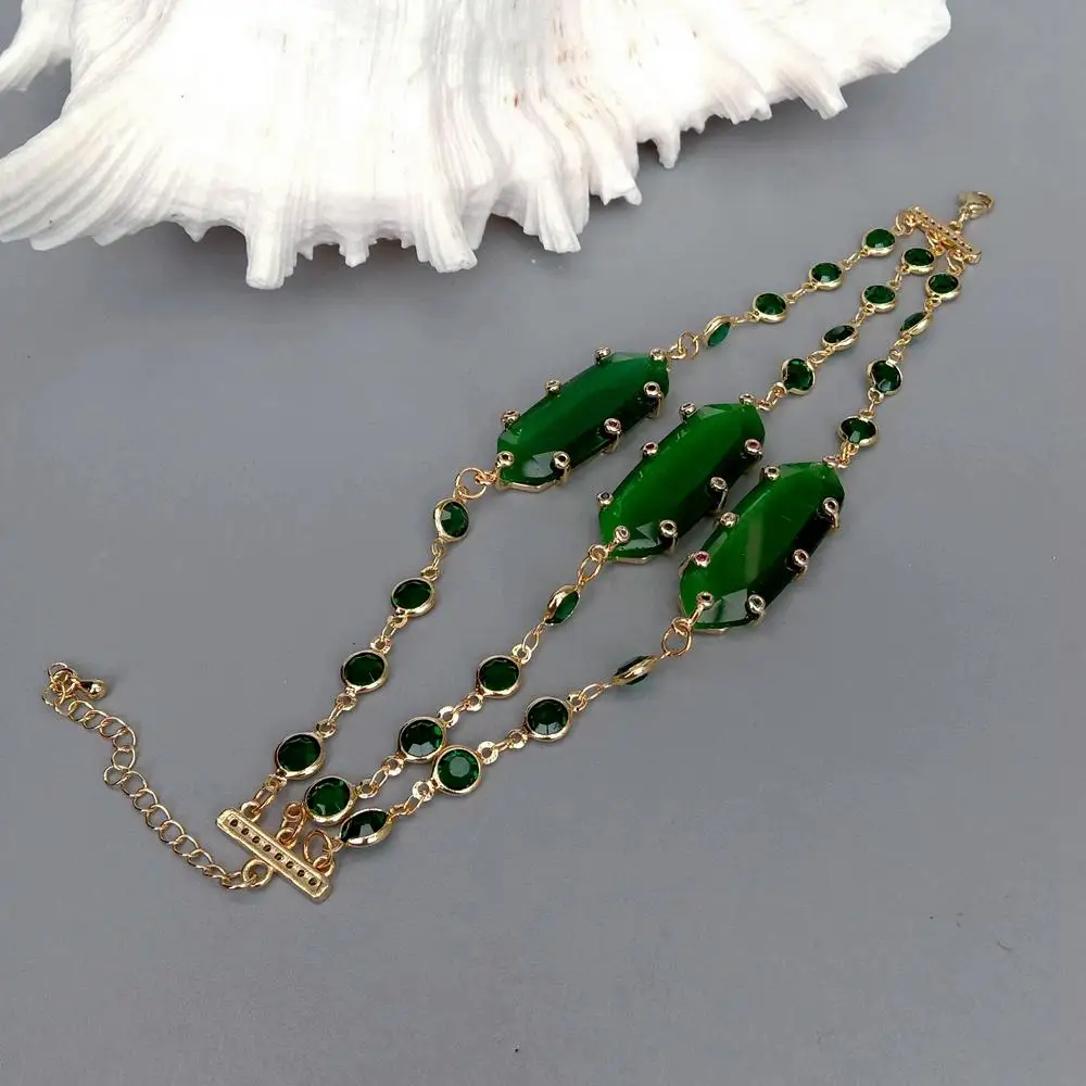 KKGEM office style 3 strands 14x40mm Green Cat Eye Cz set Jade Crystal Bezel Set Link Chain Bracelet |
