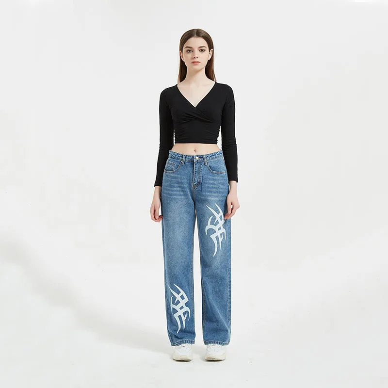 

Ladies High Waist Printed Jeans With Pattern Straight Blue Wide Leg Graphic Women's Jeans 2022 Trend Y2k Aesthetic Denim Pants