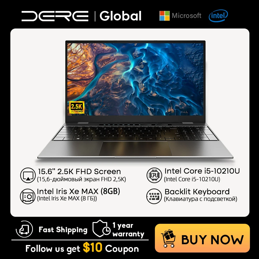 

Dere Laptop TBook Air 15.6" 16GB RAM 1T SSD Intel Core i5 2.5K IPS Screen Windows 11 Notebook Backlit Keyboard pc Computer