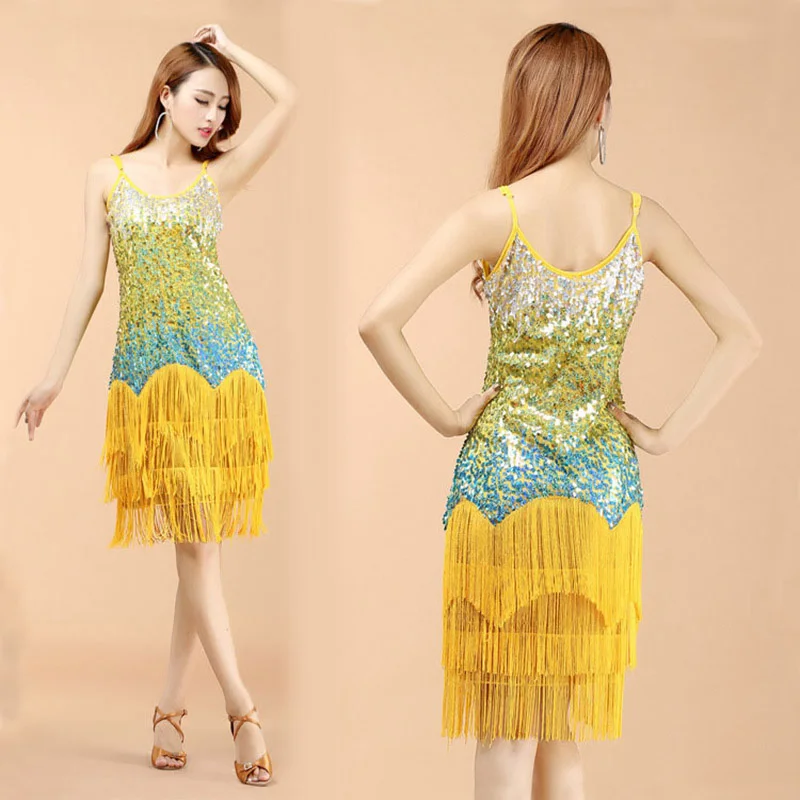 

Sexy Rainbow Color Club Slip Gradual Sequin Fringe Dress with Robe Women Girl Srevel Skirt Costumes Women Latin Dance Dress