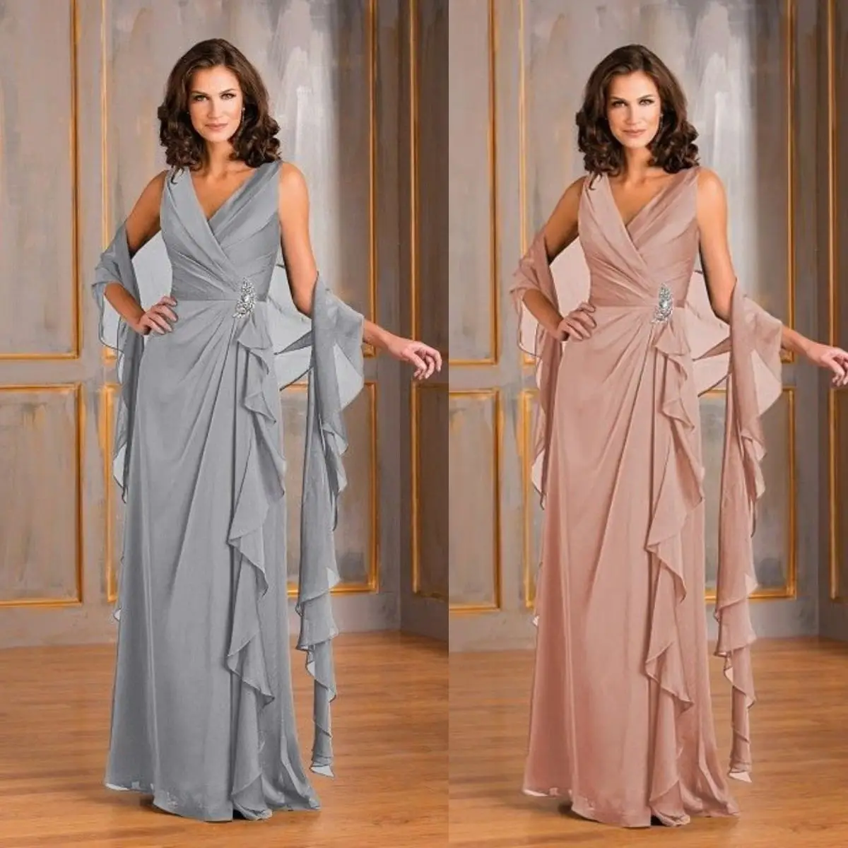 

Chiffon Mother of the Bride Dresses with Shawl Pleat Wedding Guest Gown Evening robe de soirée