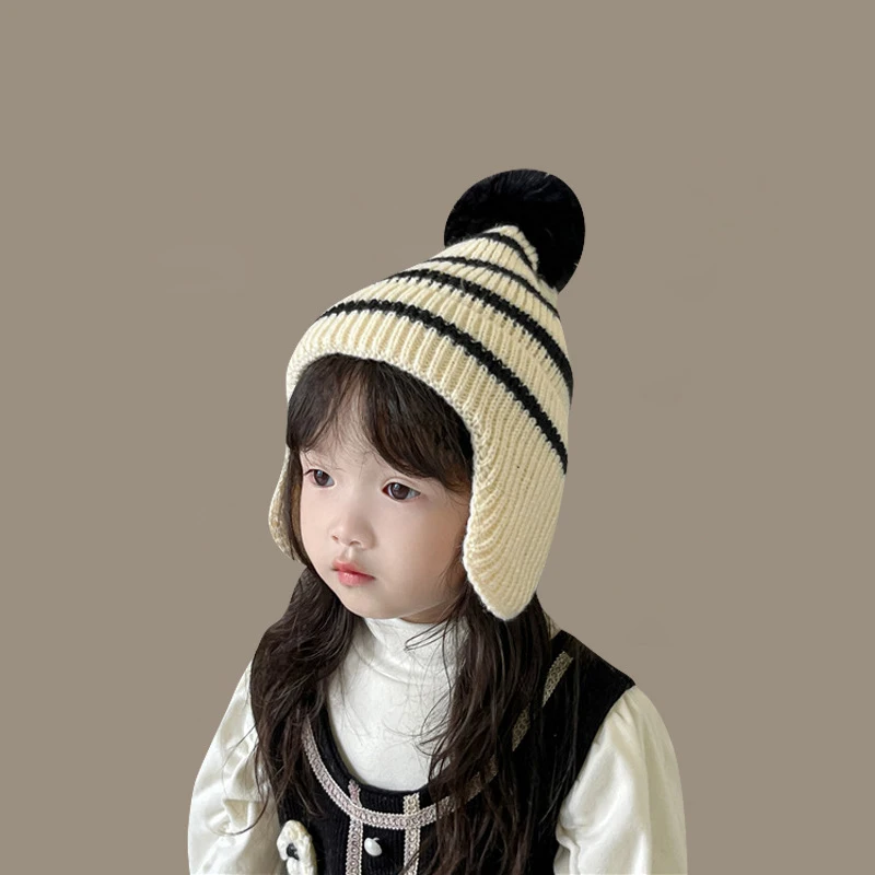 

Cute Pompom Knit Hat for Baby Solid Color Striped Infant Beanie Cap with Earmuffs Winter Warm Toddler Ear Protection Crochet Hat