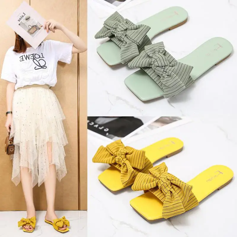 

Сандалии и шлепанцы, новинка весны и лета 2022, узор «одно слово», ленивая уличная одежда с бантом, домашняя Нескользящая одежда на плоской под...