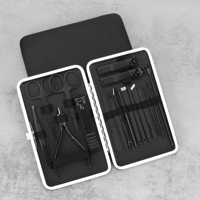 

New Classic Black Case 7/10/12/16/18Pcs Nail Clipper Beauty Tool Set Pedicure Manicure Cutters Files Stainless Steel Household