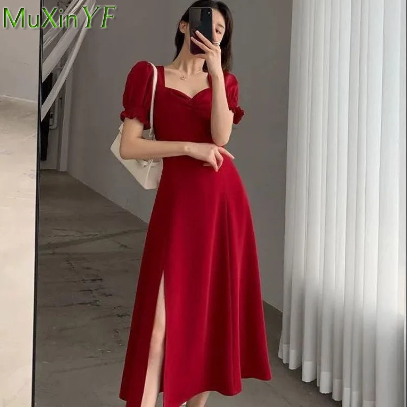 

Women's Sexy Split A-Line Midi Red Dresses Summer 2022 French Graceful Vintage Chic Square Collar Dress Solid Evening Party Robe